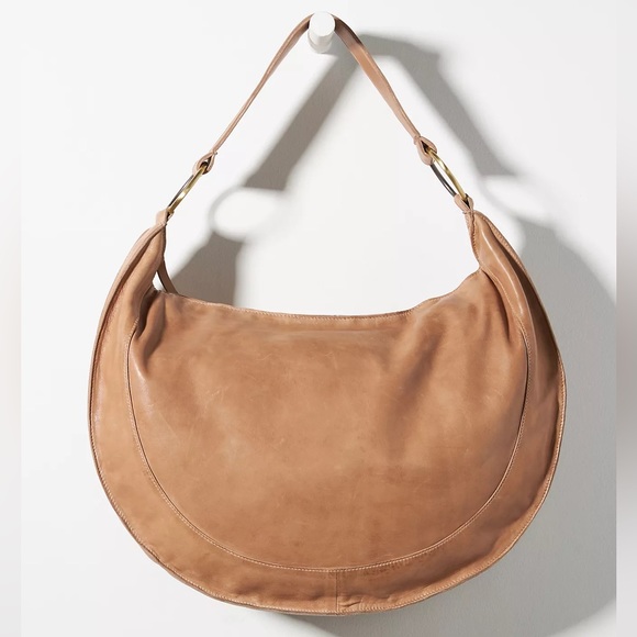 Anthropologie Slouchy Leather Shoulder Bag Lamb Sheep Oversized Tote Camel Tan - Picture 2 of 14